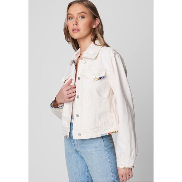 Blank NYC Floral Trim Denim Jean Jacket Distressed Size Medium - Picture 1 of 16